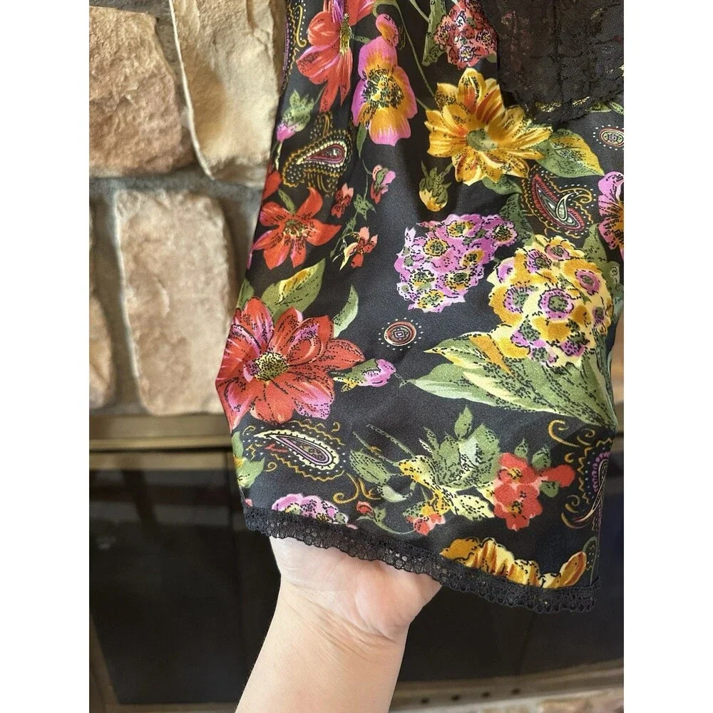 VTG 90s Vanity Fair Cami Tank Top Sz 34 Floral Paisley Black Lace USA Satin M/L